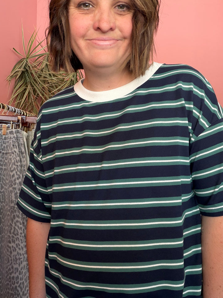 Navy & Green Stripe Mini Dress