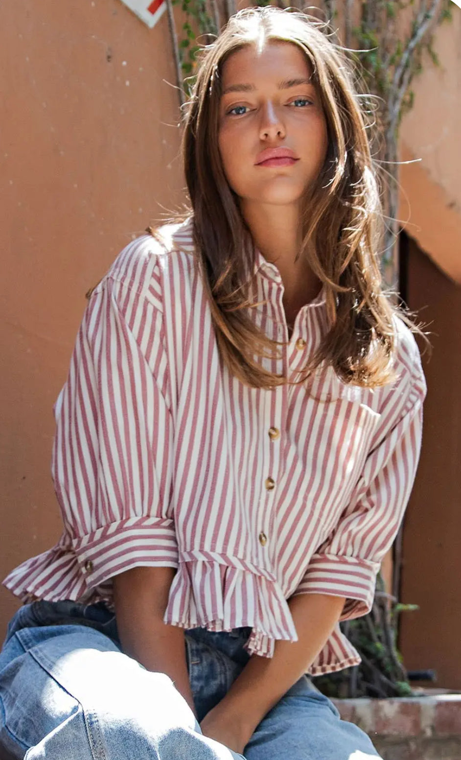 Wine Striped Ruffle hem