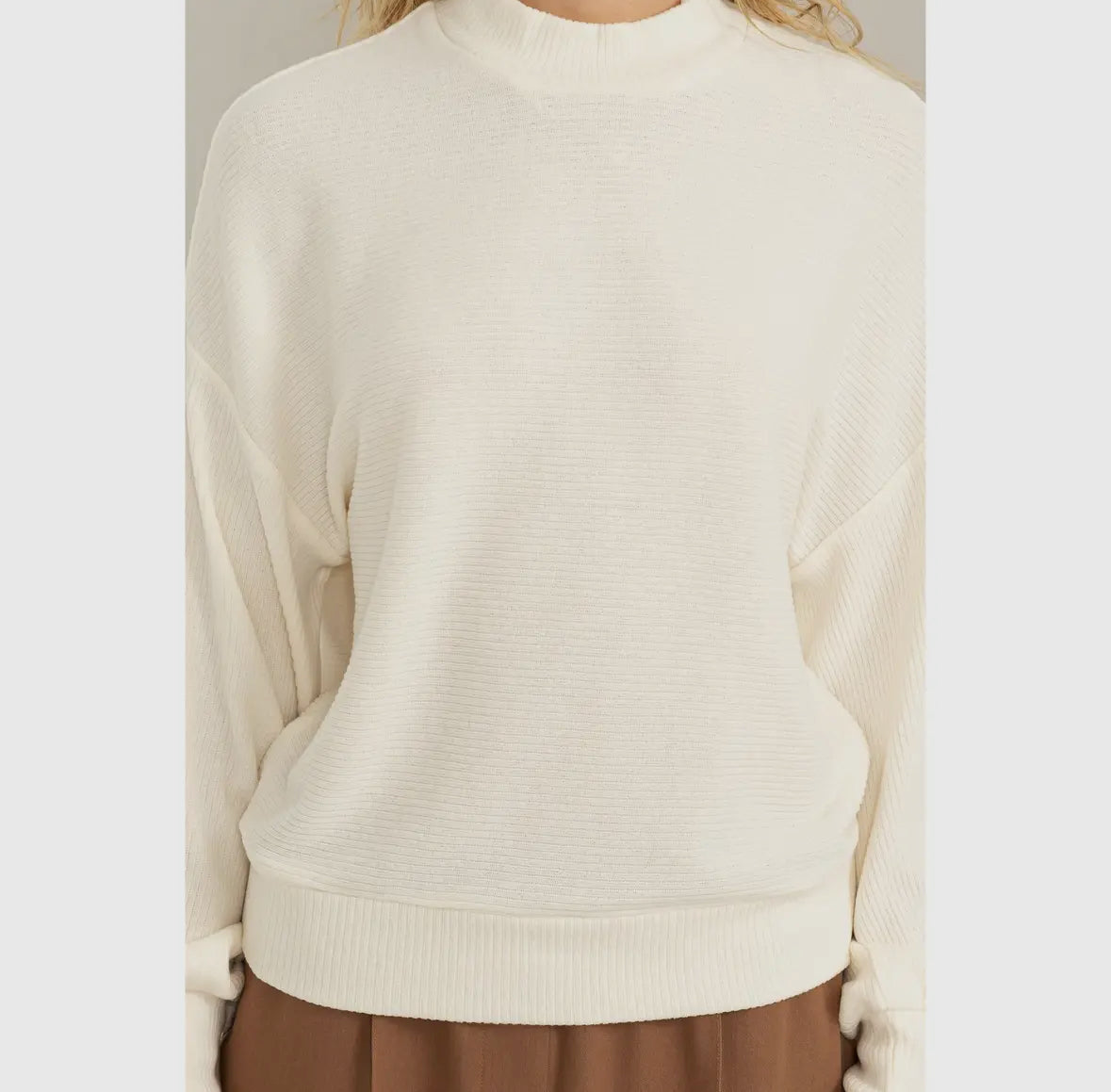 TRY SOMETHING NEW RIBBED BALLOON SLEEVE TOP: CREAM