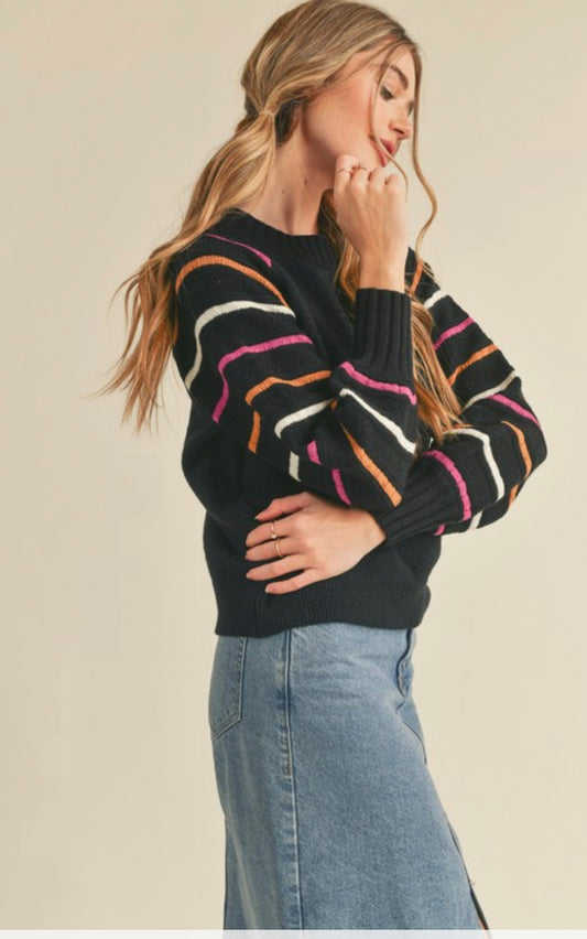 Relaxed fit pullover with ribbed neck, sleeve, and waist details. Features balloon sleeves for added style.