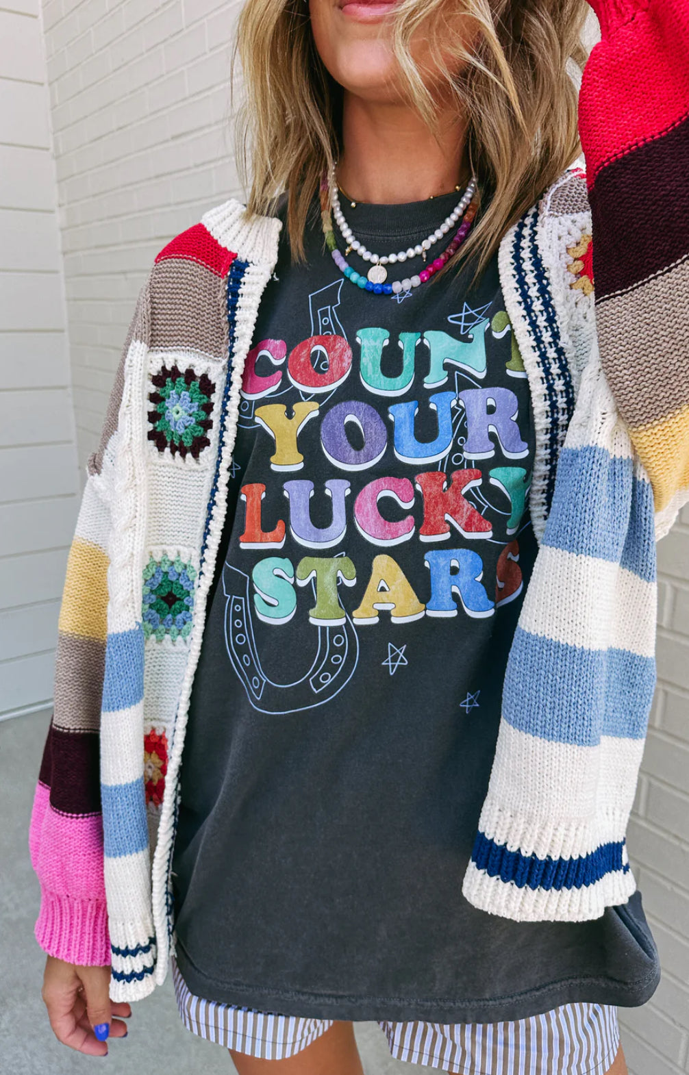Count Your Lucky Stars Tee — Comfort Colors® tee with lucky stars and horseshoe graphic, good vibes casual style by Onyx Native

