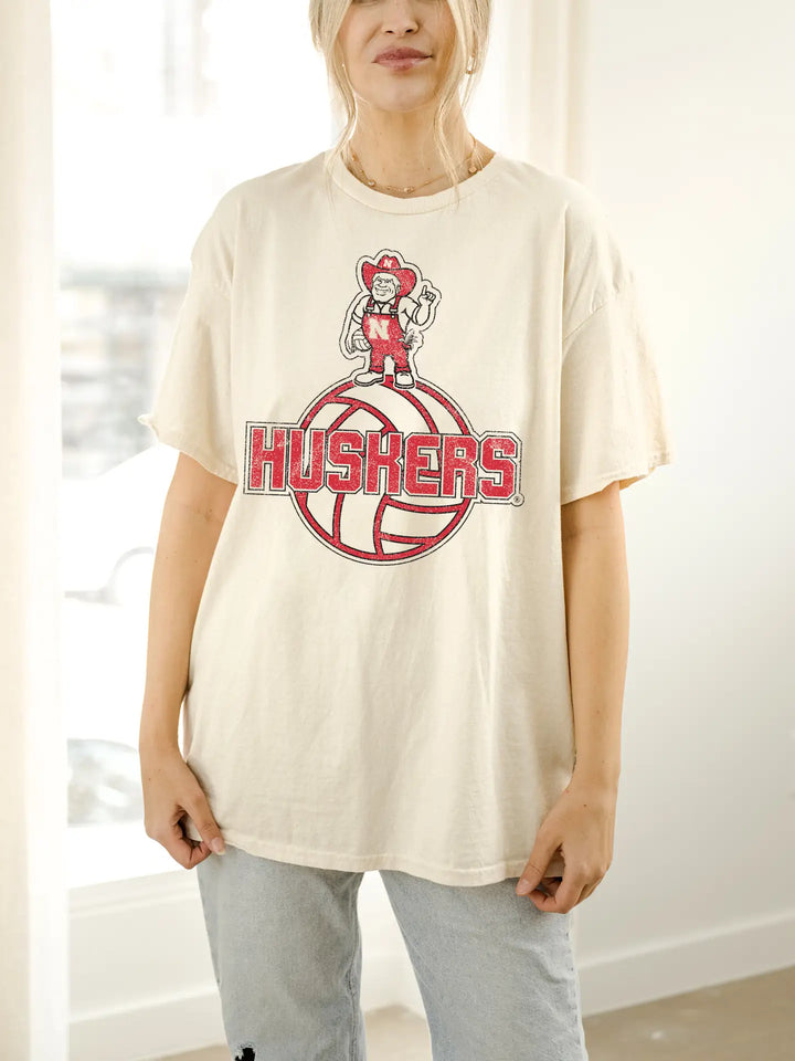 Vintage-inspired University of Nebraska Corn Huskers graphic tee with distressed details.
