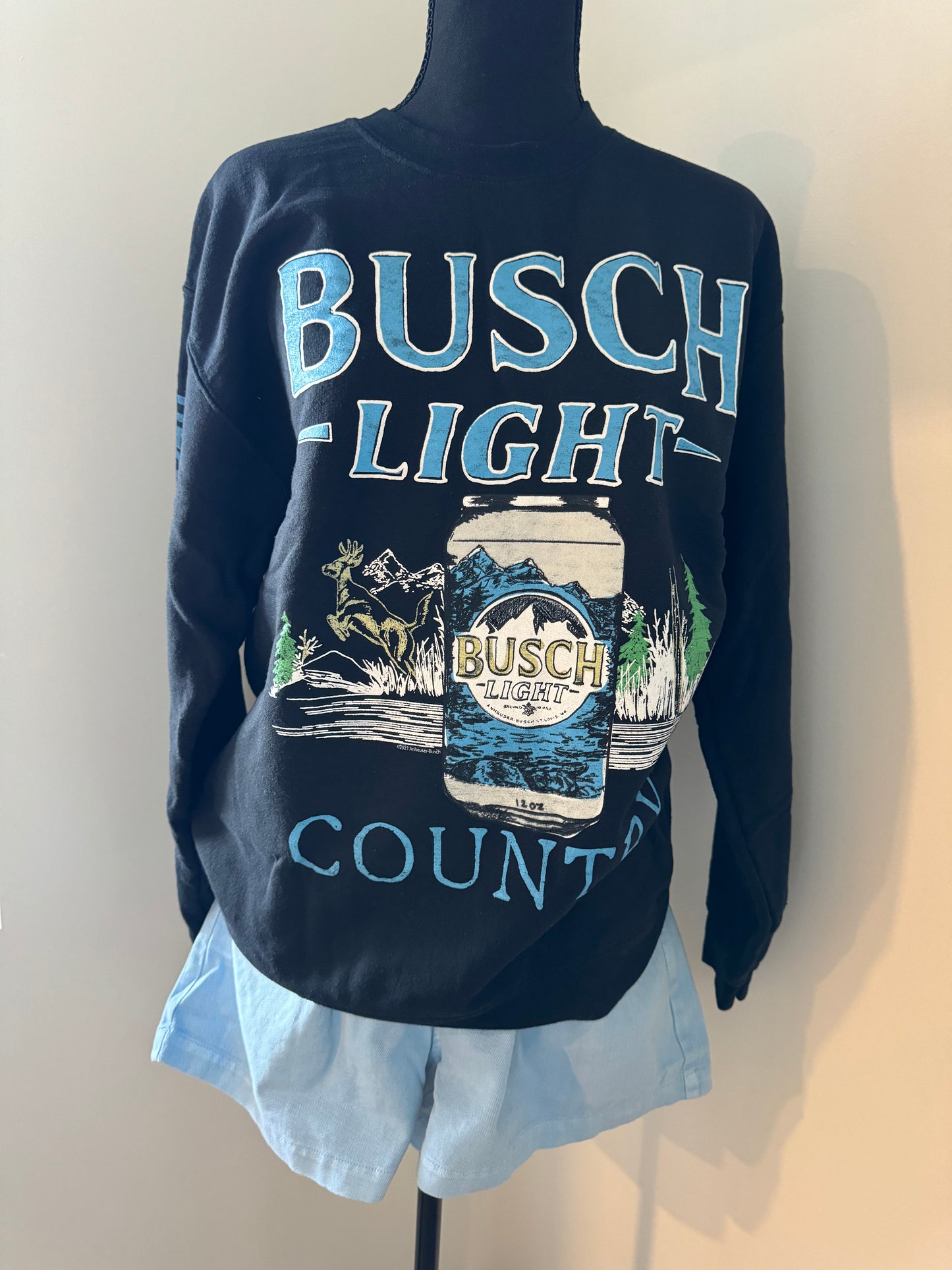 Busch Light Country crewneck sweatshirt with Junkfood design, featuring hunting, fishing, and loving every day slogan. Unisex.