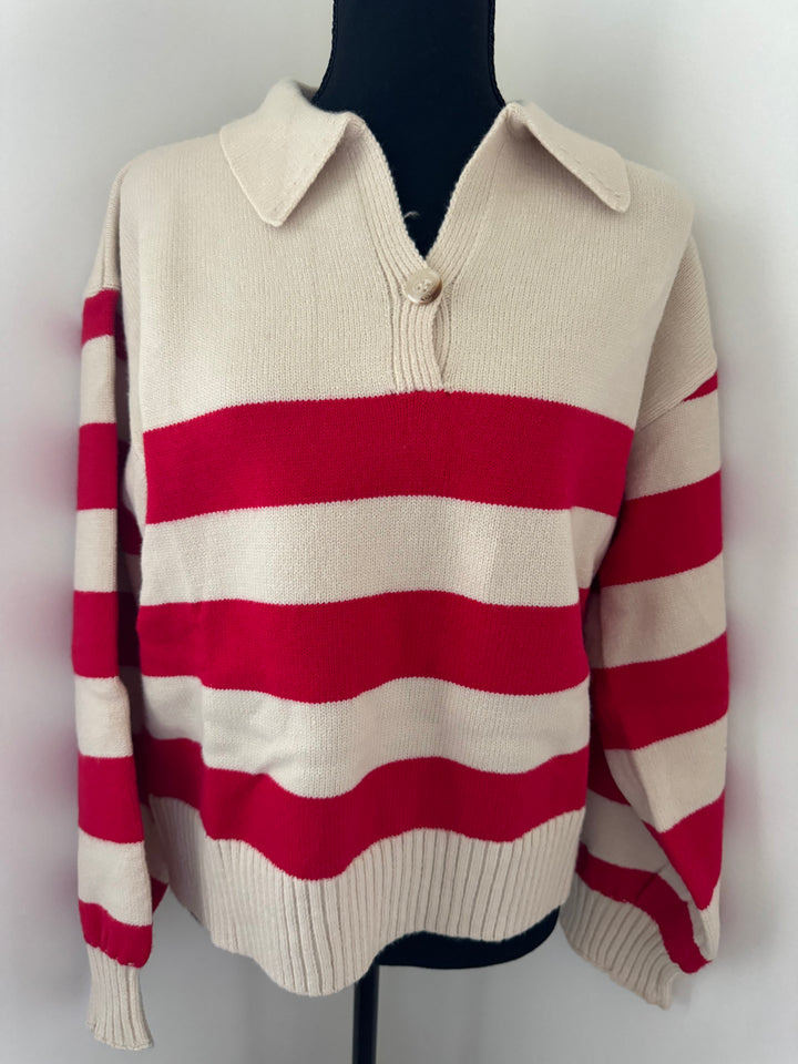 mannequin view of red stripe That’s So 70’s Collared Stripe Sweater with bold horizontal stripes and a relaxed fit, featuring a classic collar with a single button, available at Onyx Native.