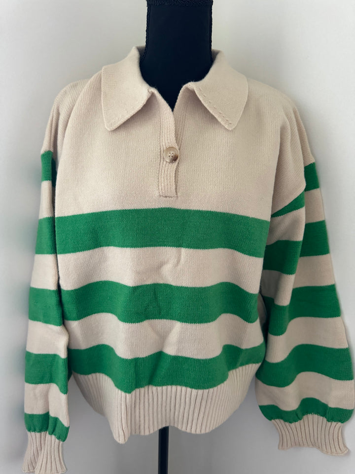 mannequin view of green striped That’s So 70’s Collared Stripe Sweater with bold horizontal stripes and a relaxed fit, featuring a classic collar with a single button, available at Onyx Native.