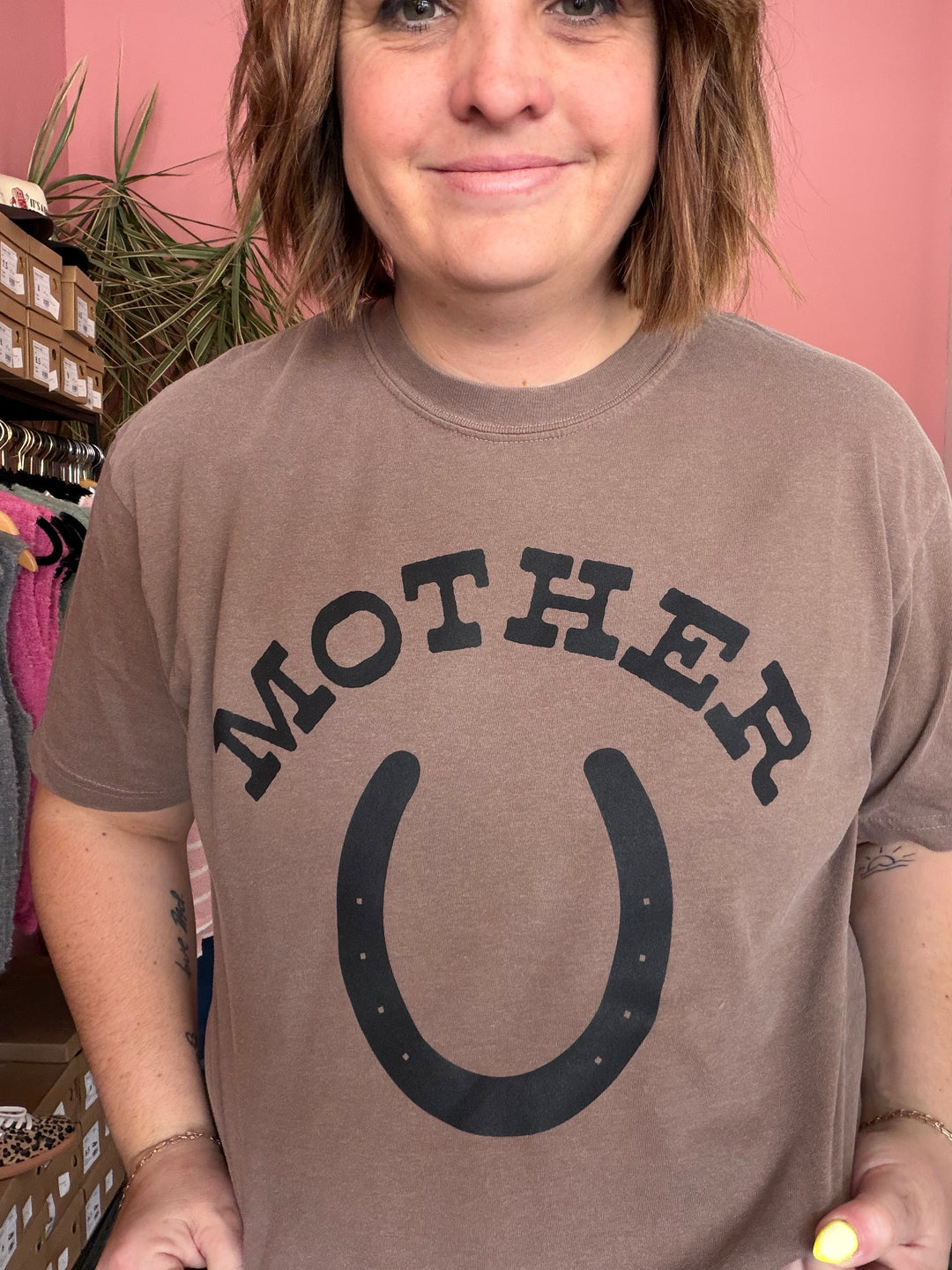Mother Horseshoe Mom Western Graphic Tee - Espresso
