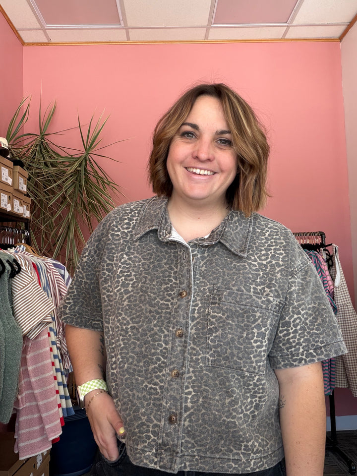 Eliza Thornberry Leopard Denim Button-Up Top