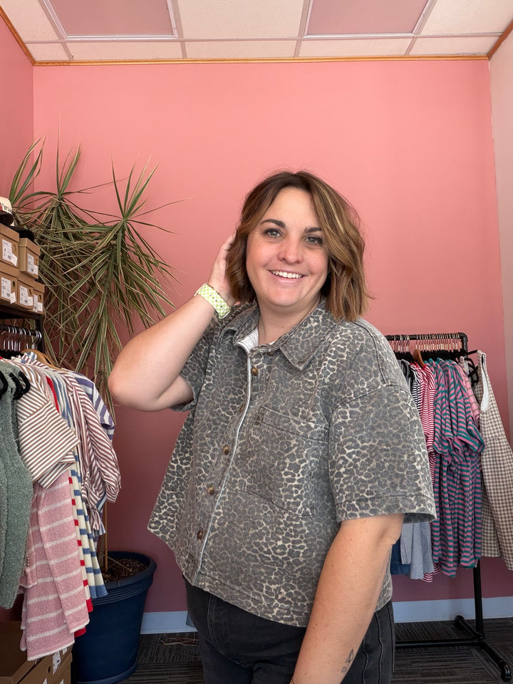 Eliza Thornberry Leopard Denim Button-Up Top