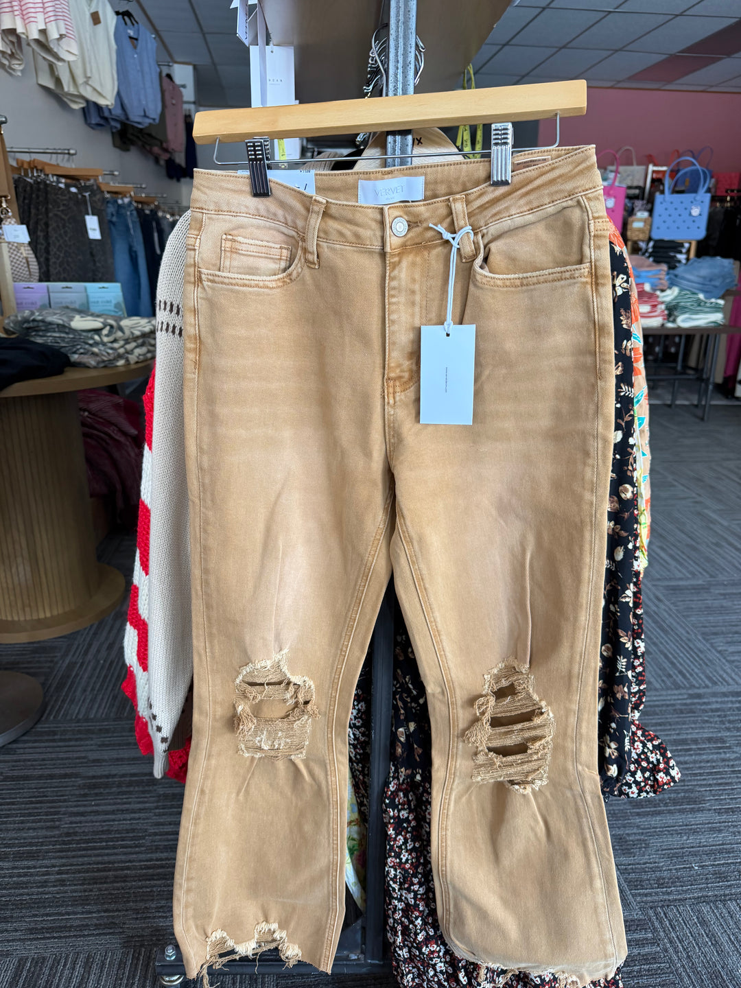 Tan vervet flare denim