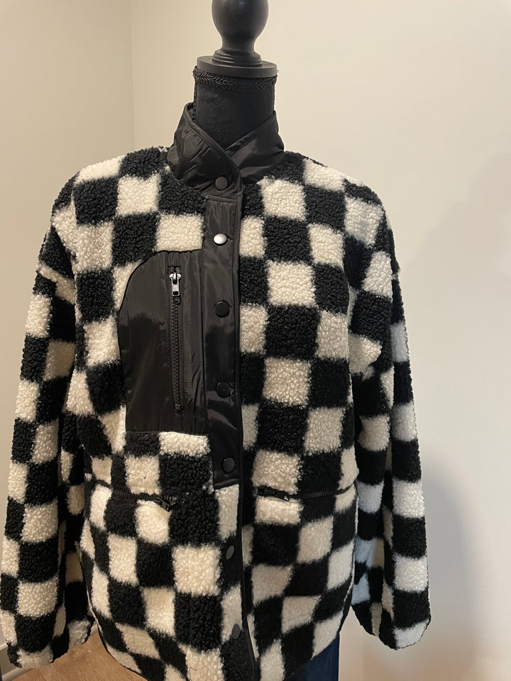 Checkered Snap Button Fleece Jacket