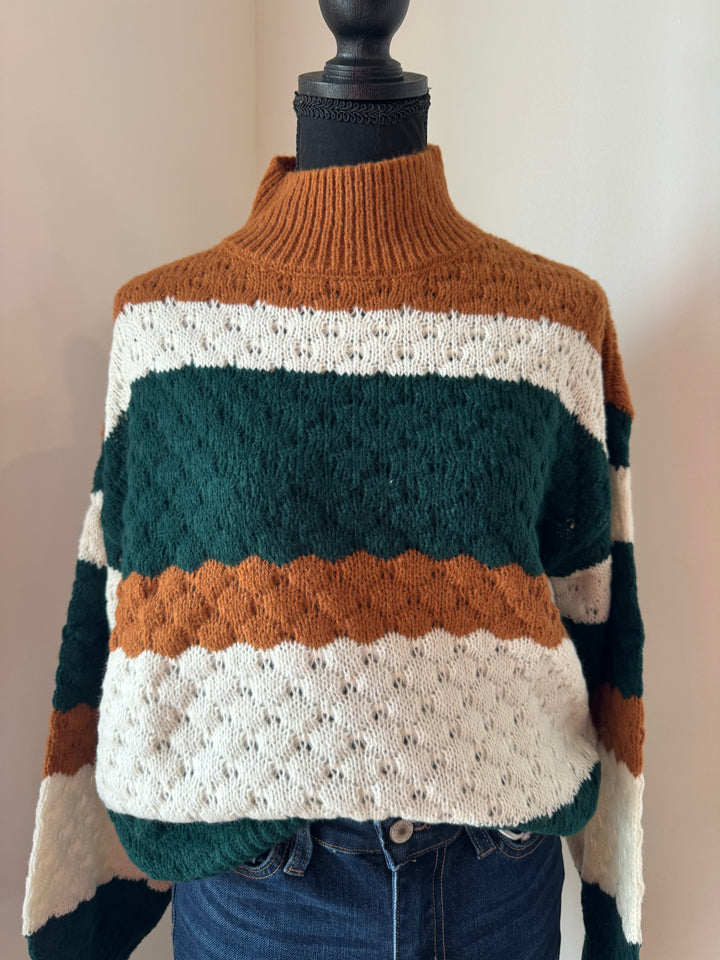 STRIPED MULTICOLOR KNIT PULLOVER SWEATER: HUNTER GREEN MULTI