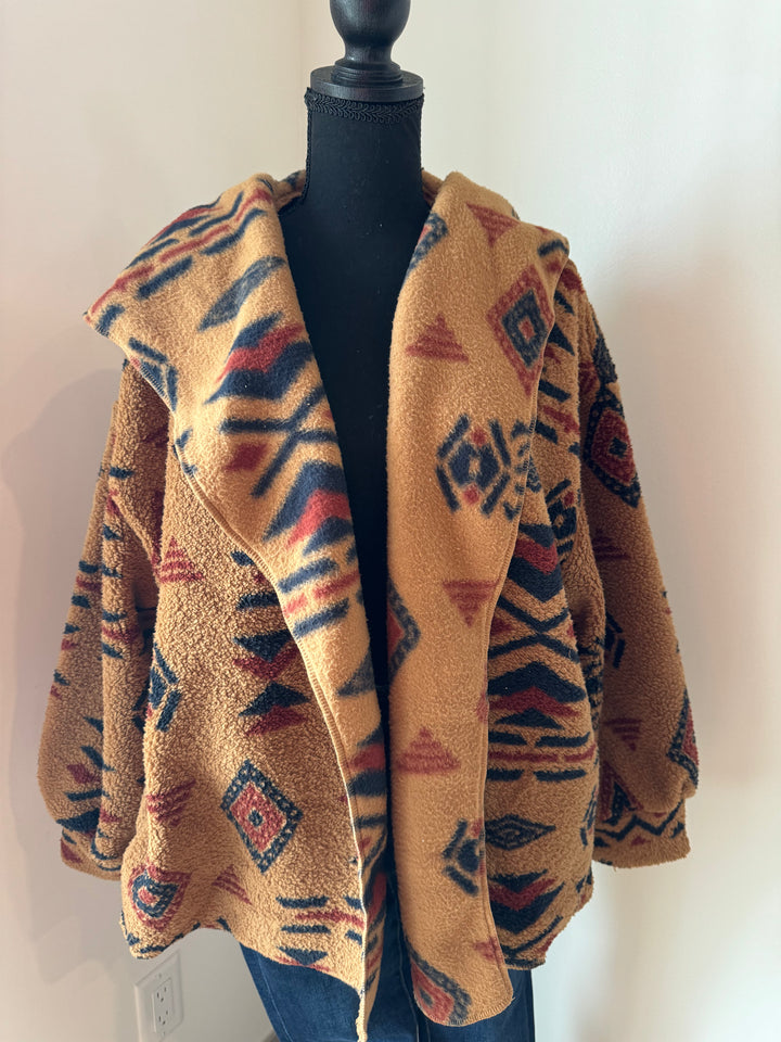 PLUS SIZE Aztec Print Hood Oversize Fleece Jacket: CAMEL