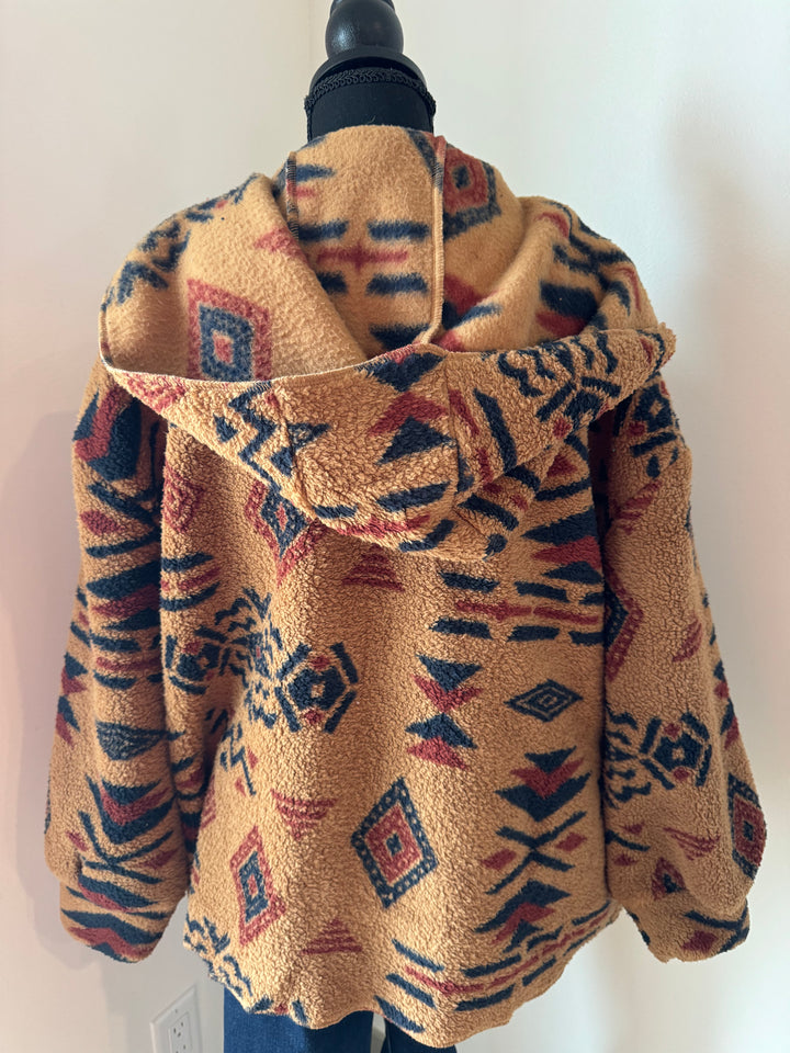 PLUS SIZE Aztec Print Hood Oversize Fleece Jacket: CAMEL