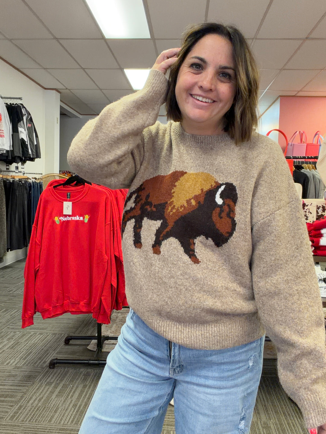 Buffalo motif pullover sweater