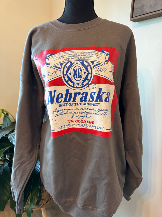 Nebraska Beer Crewneck, charcoal Gildan sweatshirt, relaxed fit, size up for an oversized look.