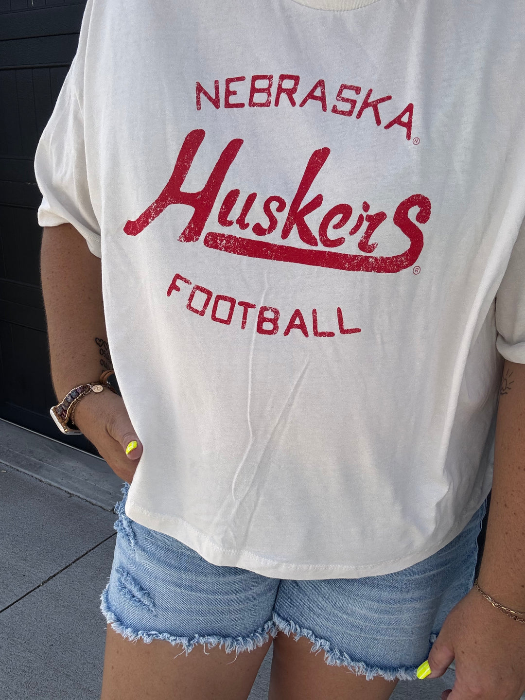 Nebraska Huskers Football Stencil Off White Cropped Tee