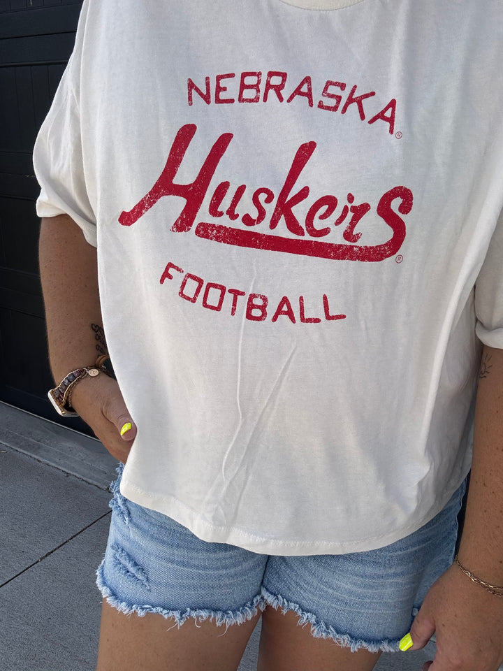 Nebraska Huskers Football Stencil Off White Cropped Tee