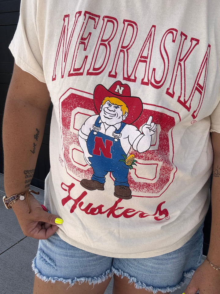 Nebraska Huskers Club Mascot Off White Thrifted Tee