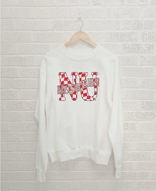 Vintage-inspired Nebraska Huskers Twisted Check sweatshirt with unique distressed details