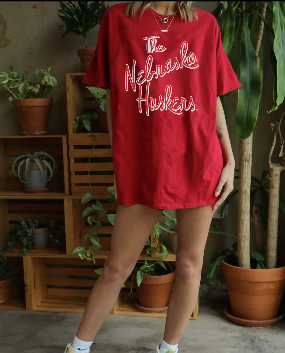 Vintage-inspired distressed Nebraska Huskers Beverly tee in 100% preshrunk cotton.