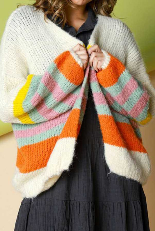 Multi Stripe Long Puff Sleeve Cardigan