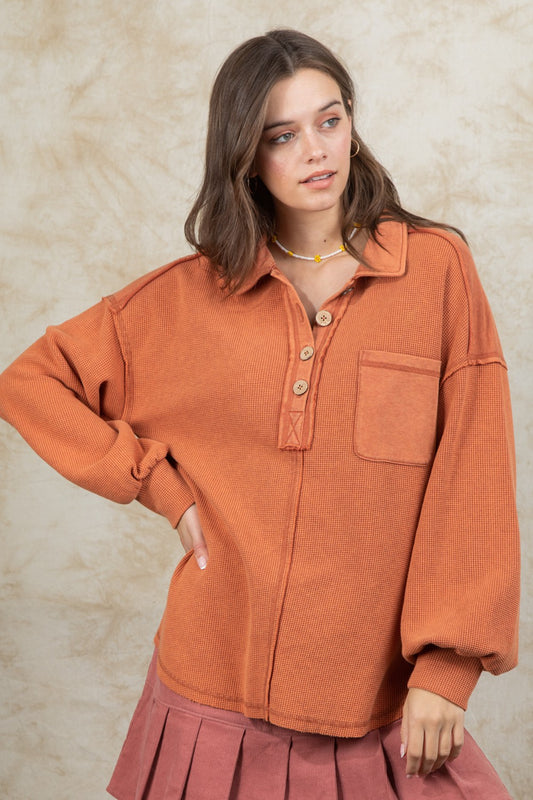 Button Down Washed Collared Top-Rust