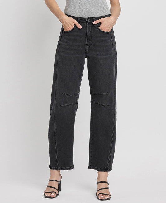 BLACK HIGH RISE ANKLE BARREL LEG JEANS