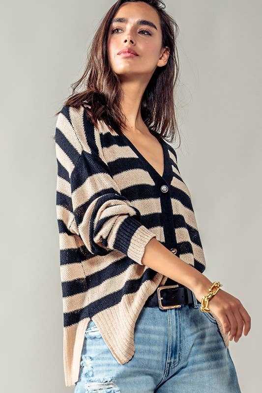 slight side view of Carly Cozy and Free Striped Cardigan with ribbed trim and slightly oversized fit, ideal for casual layering.