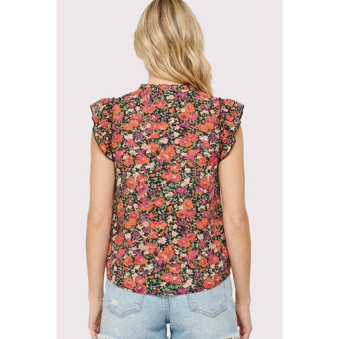 KEYHOLE TIE NECK FLORAL PRINTED TOP