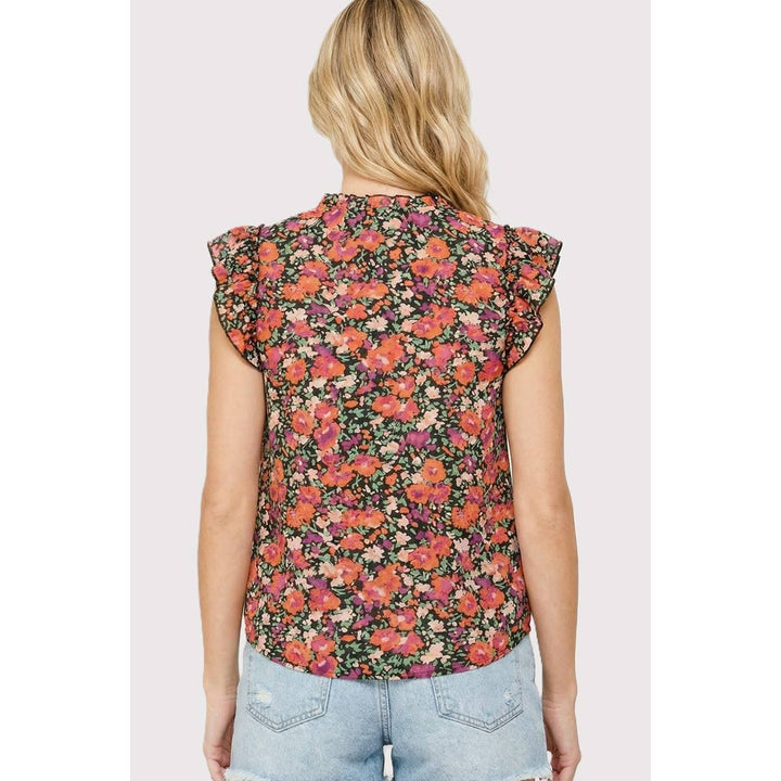 KEYHOLE TIE NECK FLORAL PRINTED TOP
