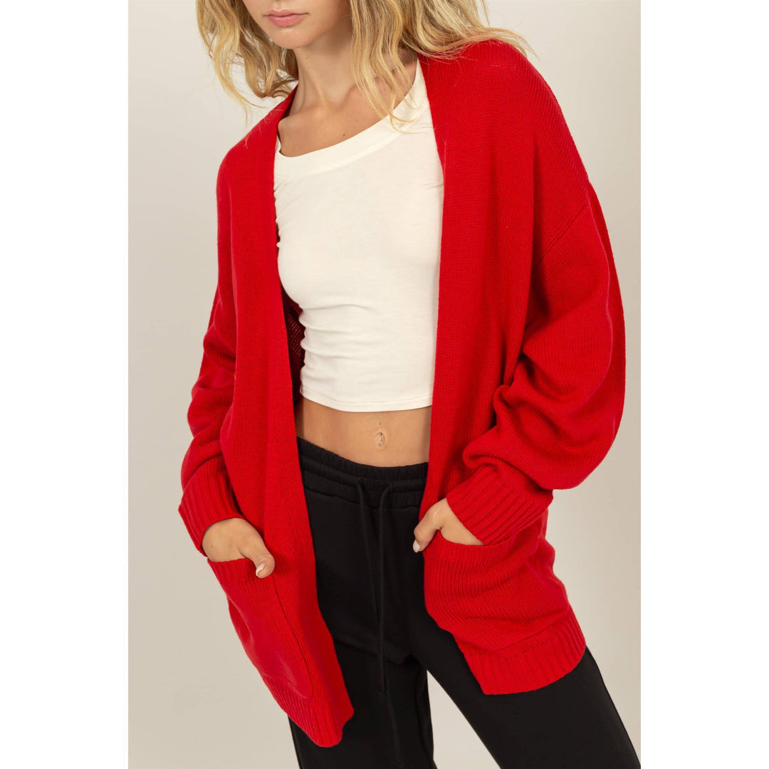 alternate view of Ruby Red Oversized Open-Front Cardigan Sweater with deep front pockets and ribbed cuffs, designed for a relaxed fit, available at Onyx Native.