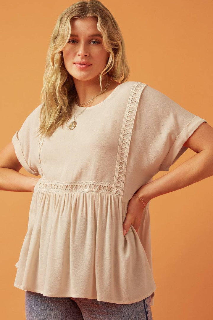 Womens Crochet Trimmed Dolman Sleeve Babydoll Top: Taupe