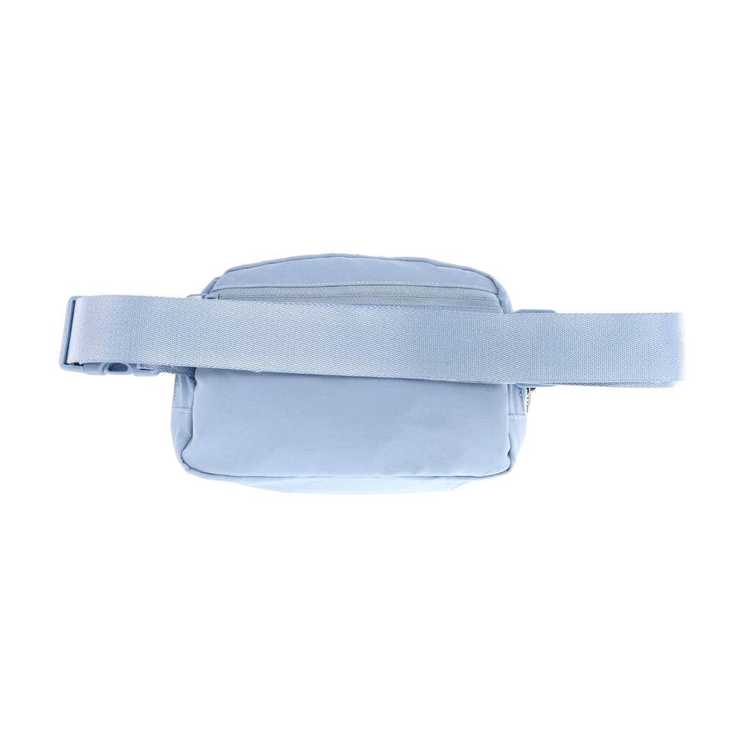 back view of Steel Blue C.C Belt Bags - Stylish and functional belt bags in a steel blue color. Features include a zippered pouch with elasticized compartments, adjustable strap, and waterproof design