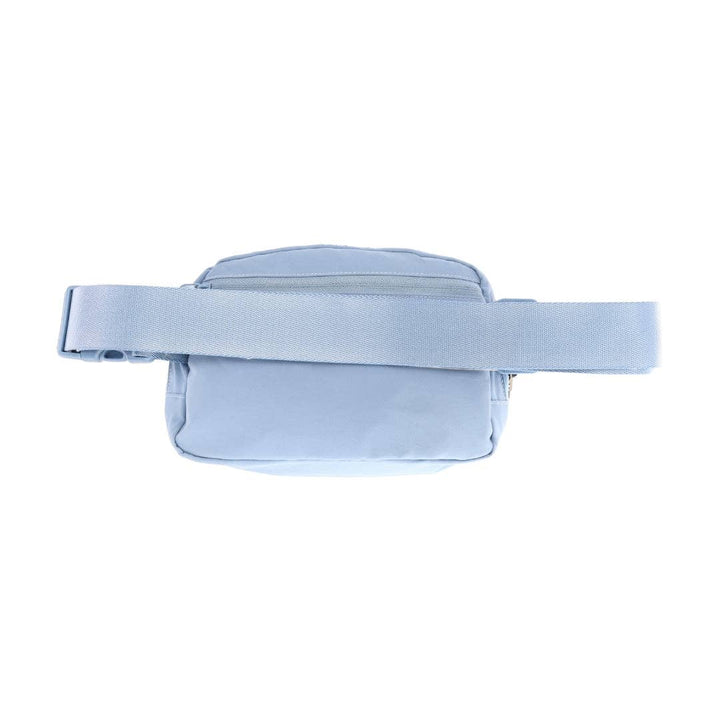 back view of Steel Blue C.C Belt Bags - Stylish and functional belt bags in a steel blue color. Features include a zippered pouch with elasticized compartments, adjustable strap, and waterproof design