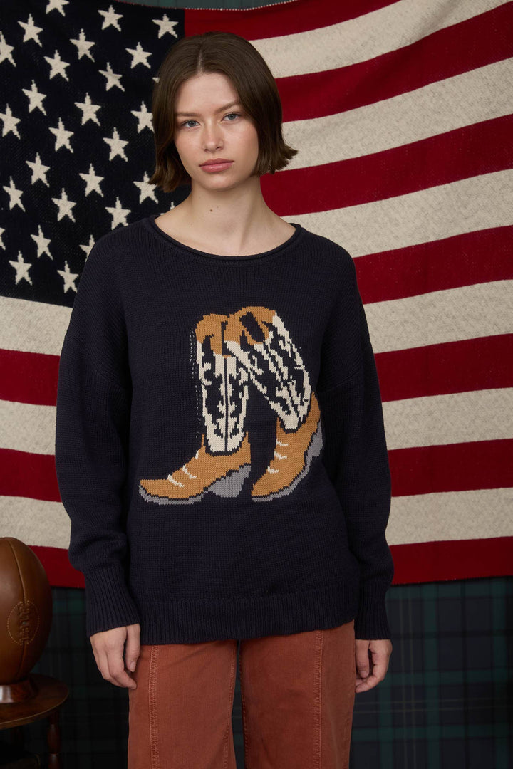 WESTERN BOOT JACQUARD LONG SLEEVE KNIT SWEATER: NAVY