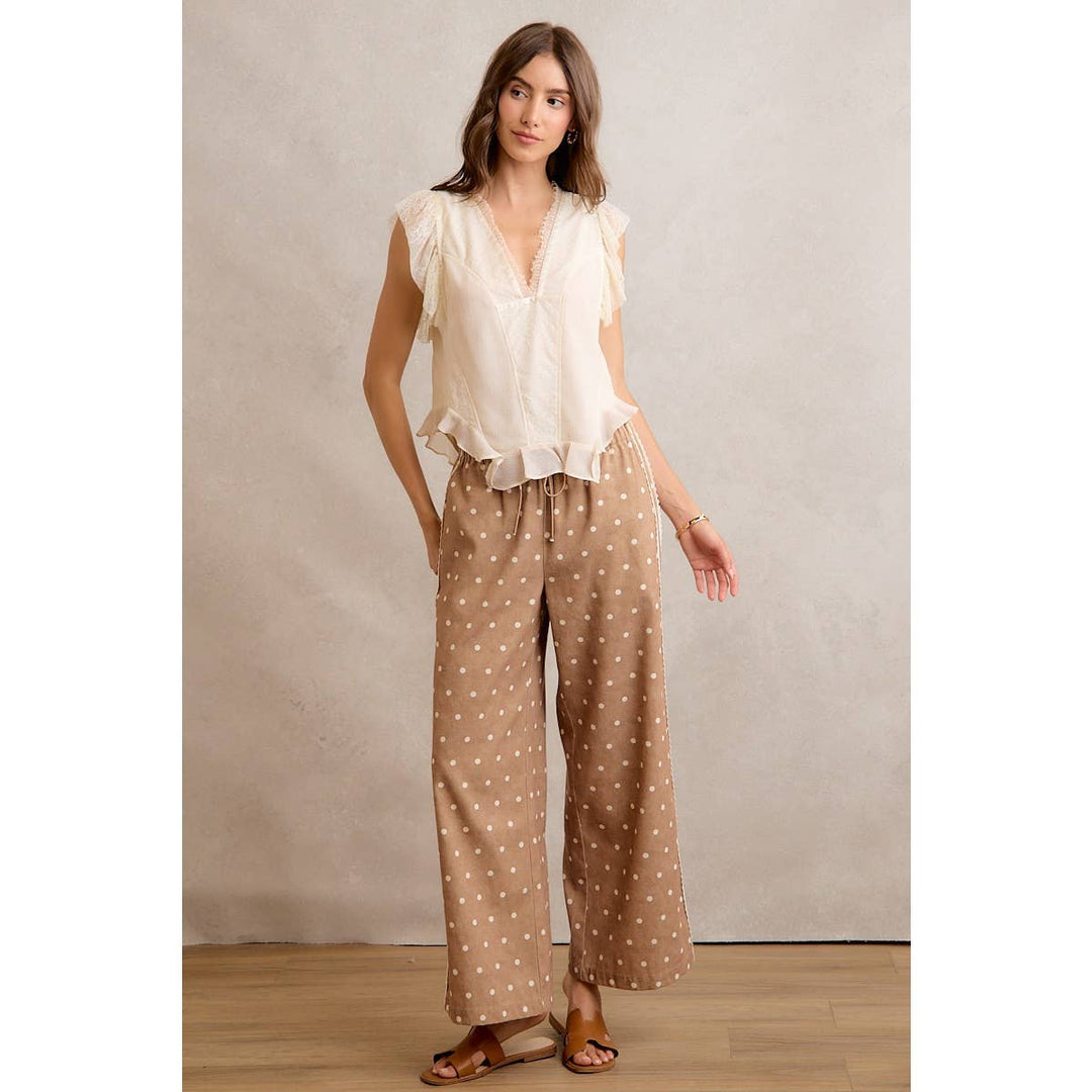 LACE SIDE TRIM POLKA DOT MID RISE WIDE LEG PANTS