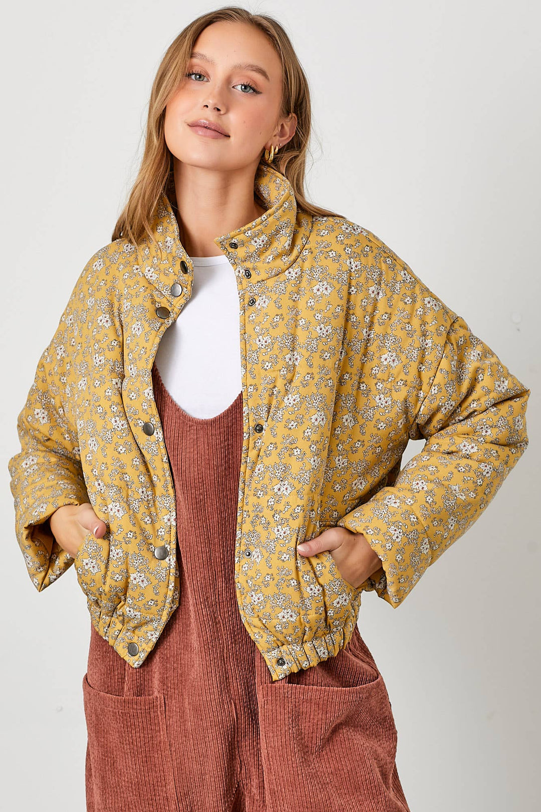 Floral Print Snap Button Puff Jacket
