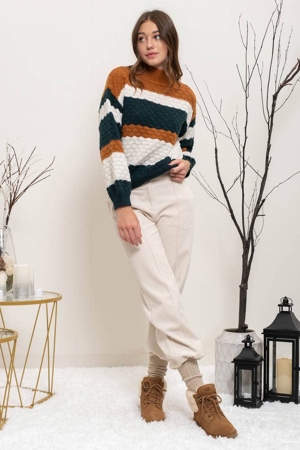 STRIPED MULTICOLOR KNIT PULLOVER SWEATER: HUNTER GREEN MULTI