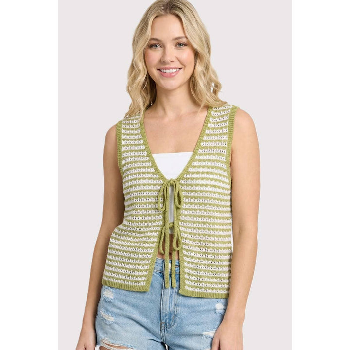 CROCHET STRIPED VEST CARDIGAN: SAGE