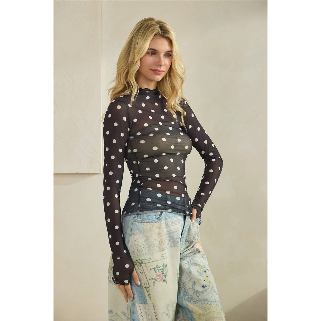 Lace Long Sleeve See Through Top: Ivory Polka Dot
