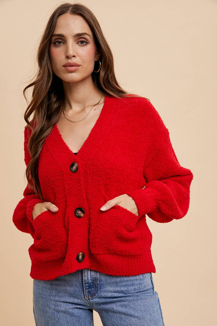 Cozy Chenille Cropped Cardigan - Cherry Tomato