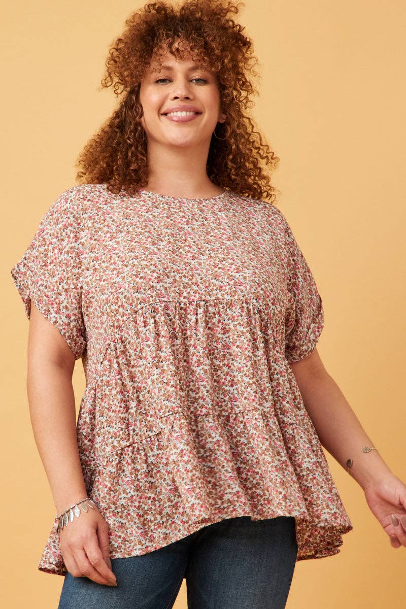 Womens Ditsy Floral Cuffed Tiered Baby Doll Top
