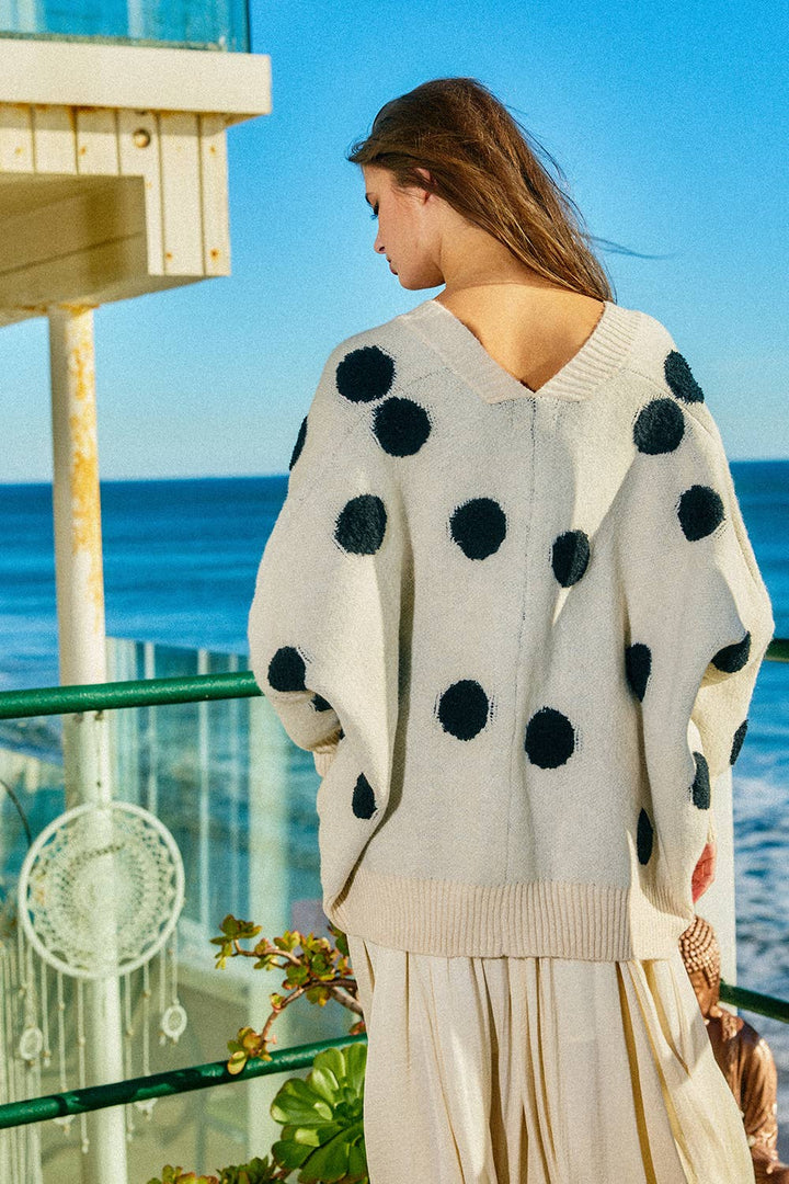 Polka-dot Pullover Sweater Cardigan: Cream/Black
