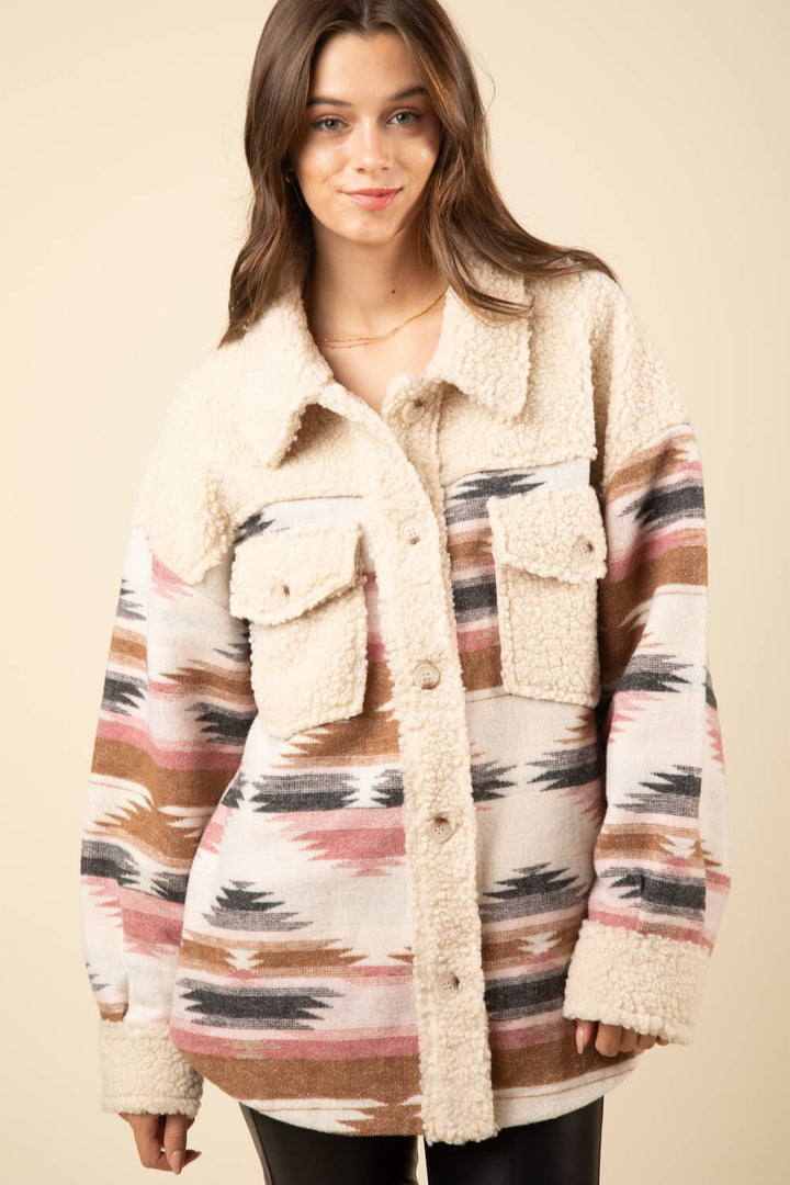 PLUS SIZE Aztec Graphic Sherpa Jacket Shacket