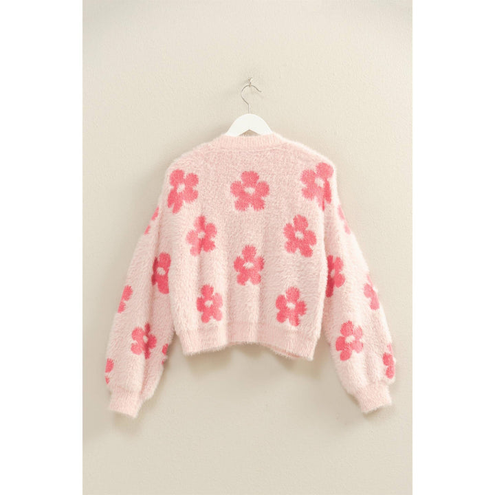 Pink Ladies Floral Pattern Fuzzy Sweater Cardigan
