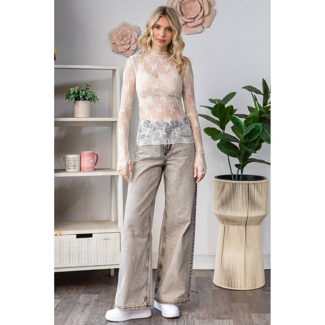 Lace Long Sleeve See Through Top