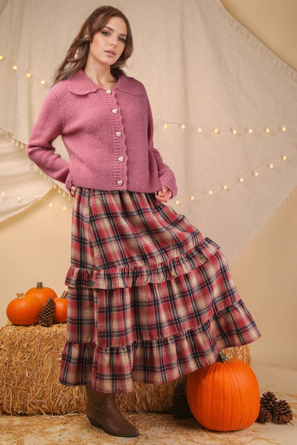 Ruffle Red Check Plaid Tiered Midi Skirt