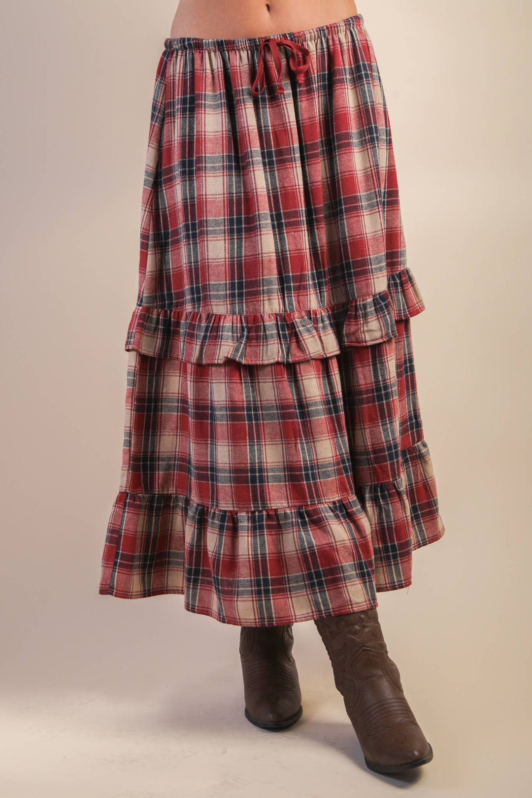 Ruffle Red Check Plaid Tiered Midi Skirt