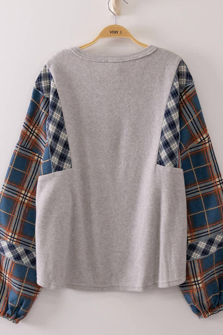 NT12815-Contrast Plaid Sleeve Top: GRAY / S-M-L/2-2-2