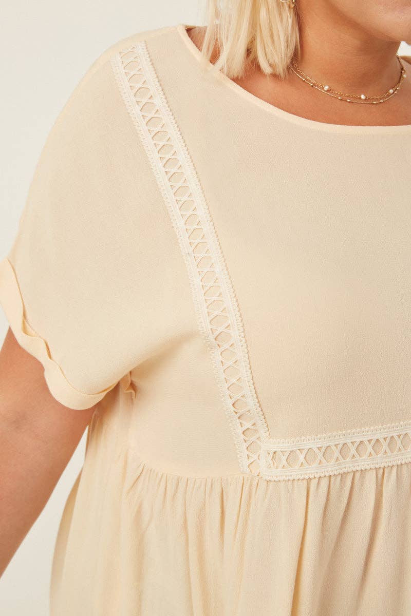 Womens Crochet Trimmed Dolman Sleeve Babydoll Top: Taupe